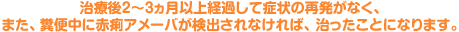 治療後2～3ヵ月上経過して症状の再発がなく、 また、糞便中に赤痢アメーバが検出されなければ、治ったことになります。